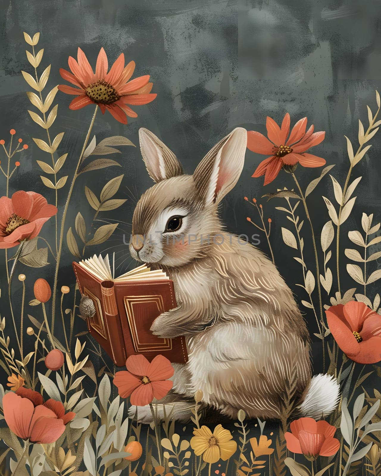 The wood rabbit is engrossed in a botany book while surrounded by a sea of colorful flowers in nature. A serene painting featuring the hare and fawn