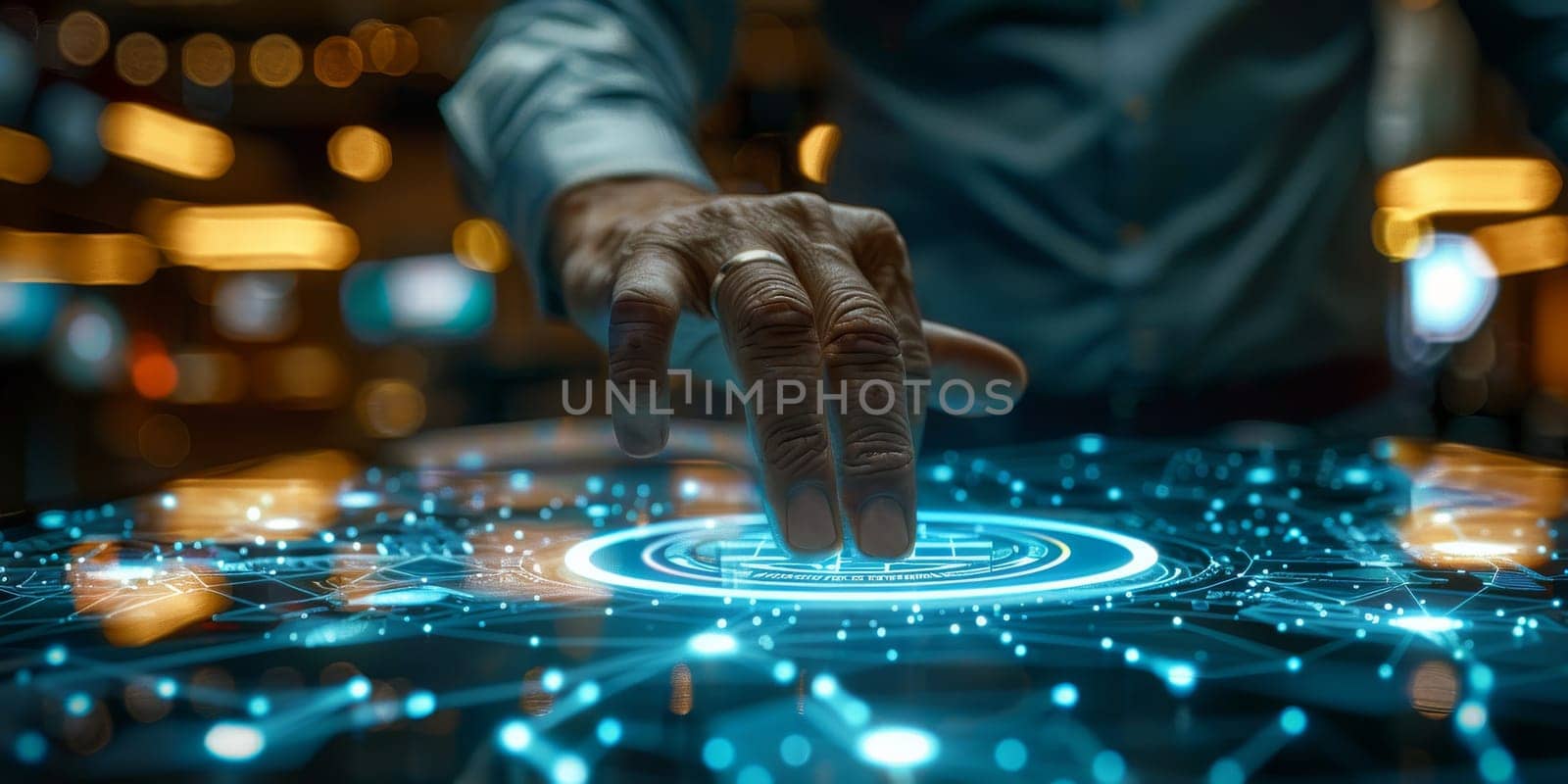 A person is touching a glowing circle on a computer screen. futuristic technology by itchaznong