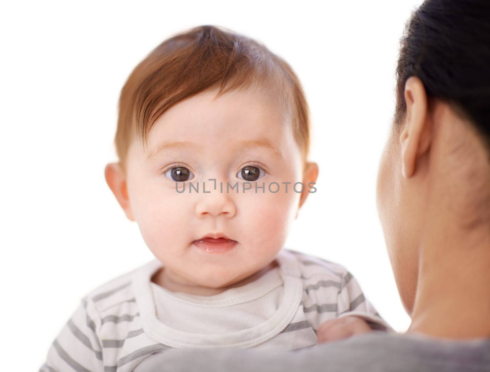 Studio, baby and portrait of newborn with mother for care, comfort and bonding with child for development. Infant, parent and face of girl for adoption, support and safety on white background by YuriArcurs