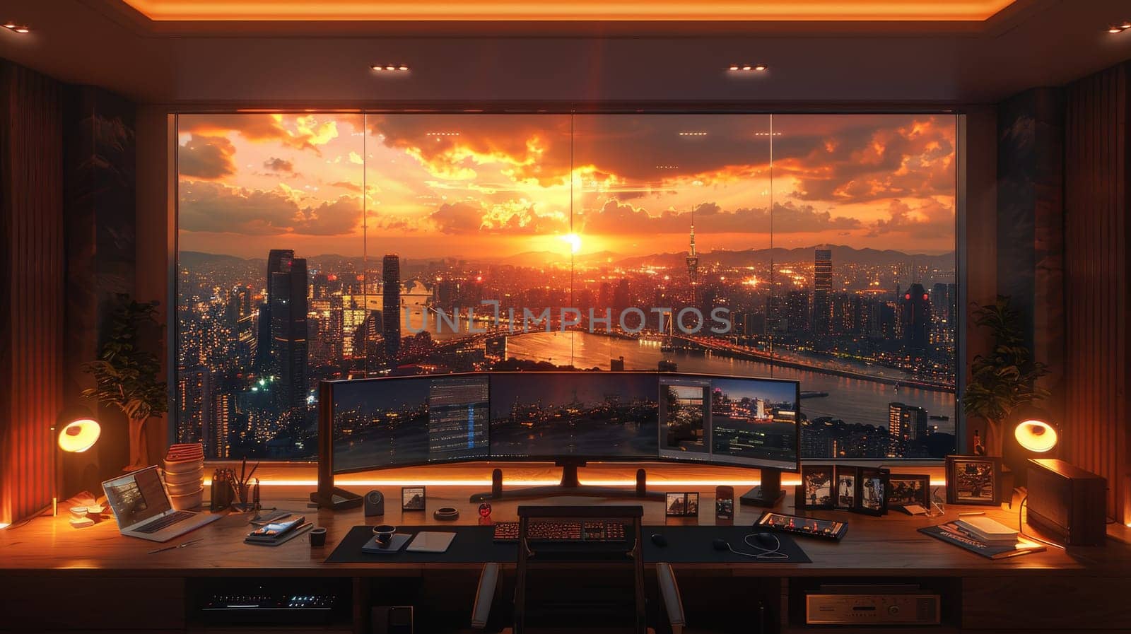 A computer desk with a view of a city and a sunset. The desk is set up for work and productivity