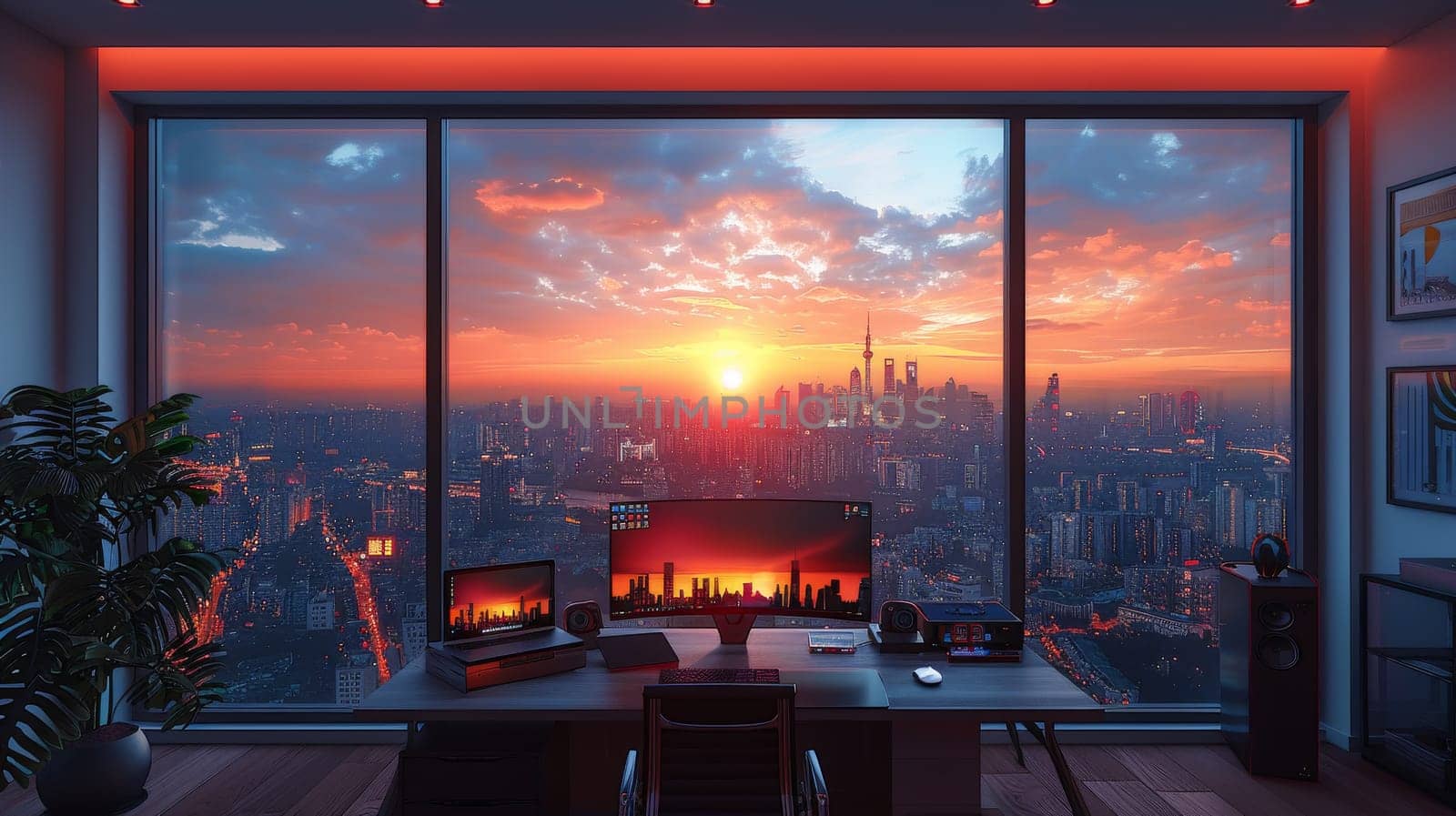 A computer desk with a view of a city and a sunset. The desk is set up for work and productivity