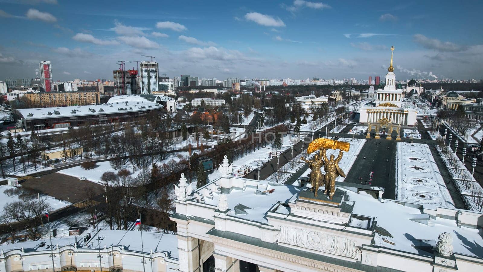Top view of historic Soviet Square in winter. Creative. Historical buildings with monuments and arches in city center. Winter cityscape with historical center and square.