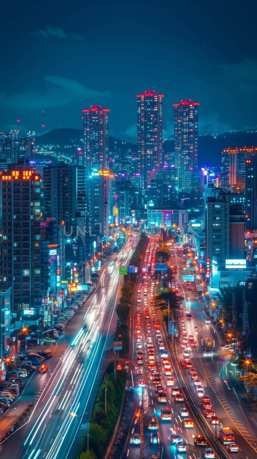 A city at night with a lot of traffic and a lot of lights. The lights are neon and the city is very busy
