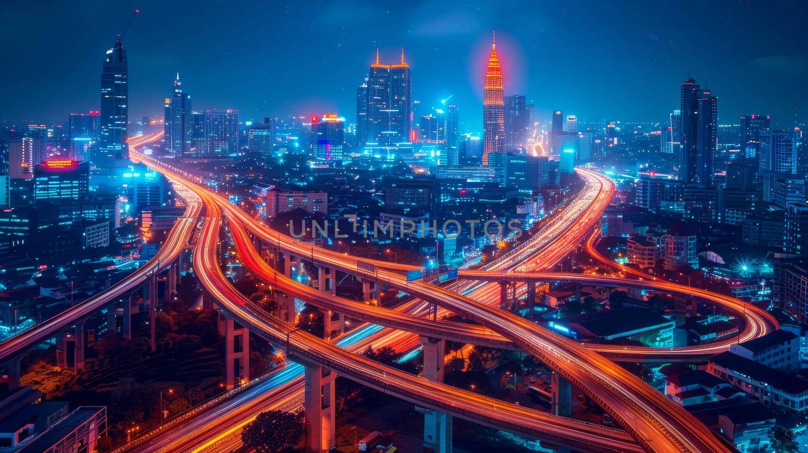 A city at night with a lot of traffic and a lot of lights. The lights are neon and the city is very busy