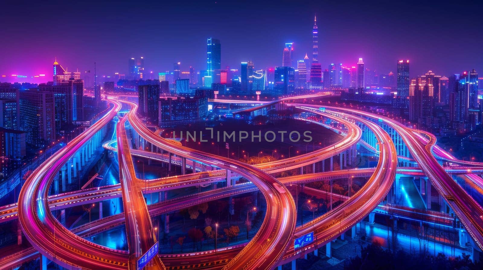 A city at night with a lot of traffic and a lot of lights. The lights are neon and the city is very busy