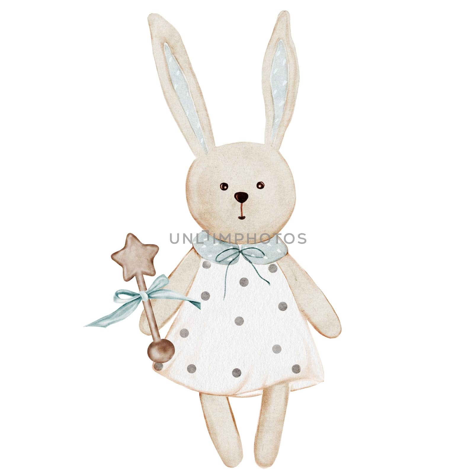 Baby toy. Watercolor bunny hand drawing on a white isolated background. Retro plush hare for children's games in a dress with a rattle. For designing educational cards, invitations and postcards for birth and baby shower. High quality photo