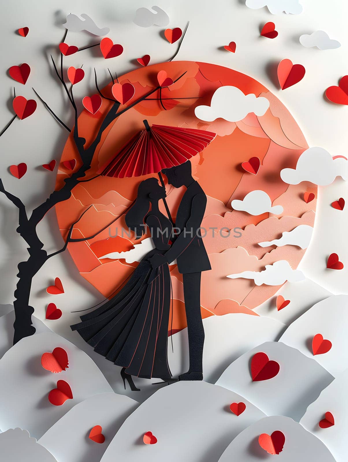 Art of a man and woman kissing under an umbrella with a red flower petal pattern by Nadtochiy