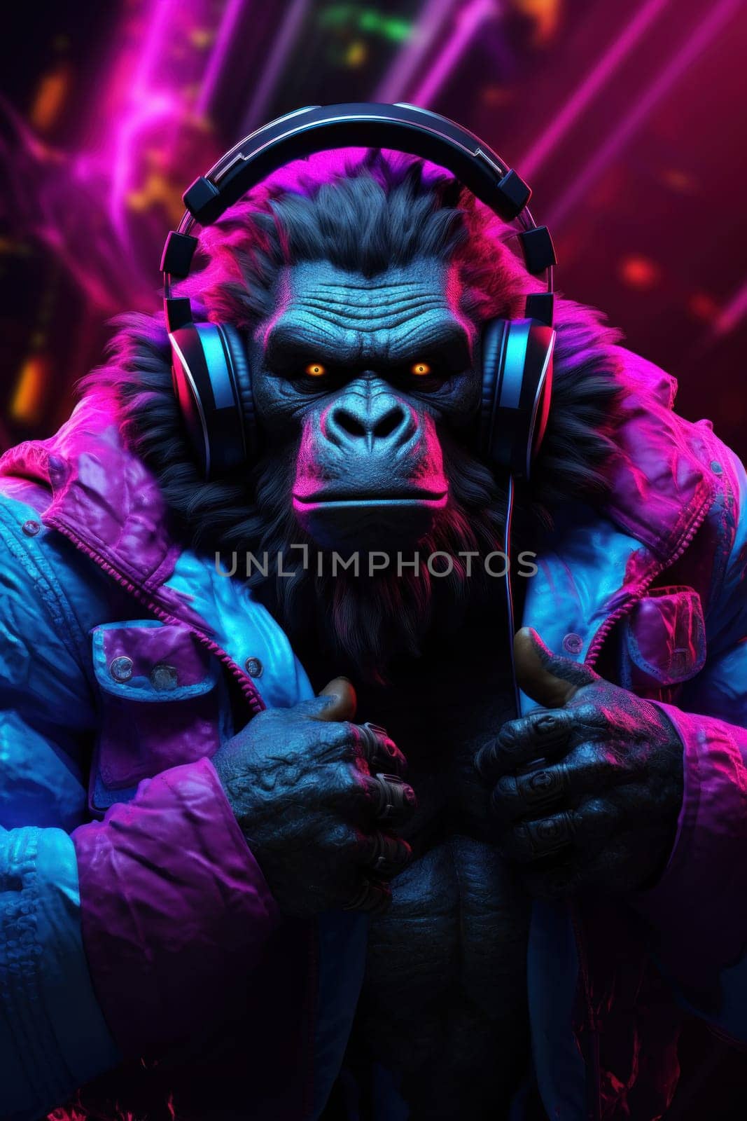 portrait of a party monkey ape with headphones on a colorful abstract background. AI generative by matamnad