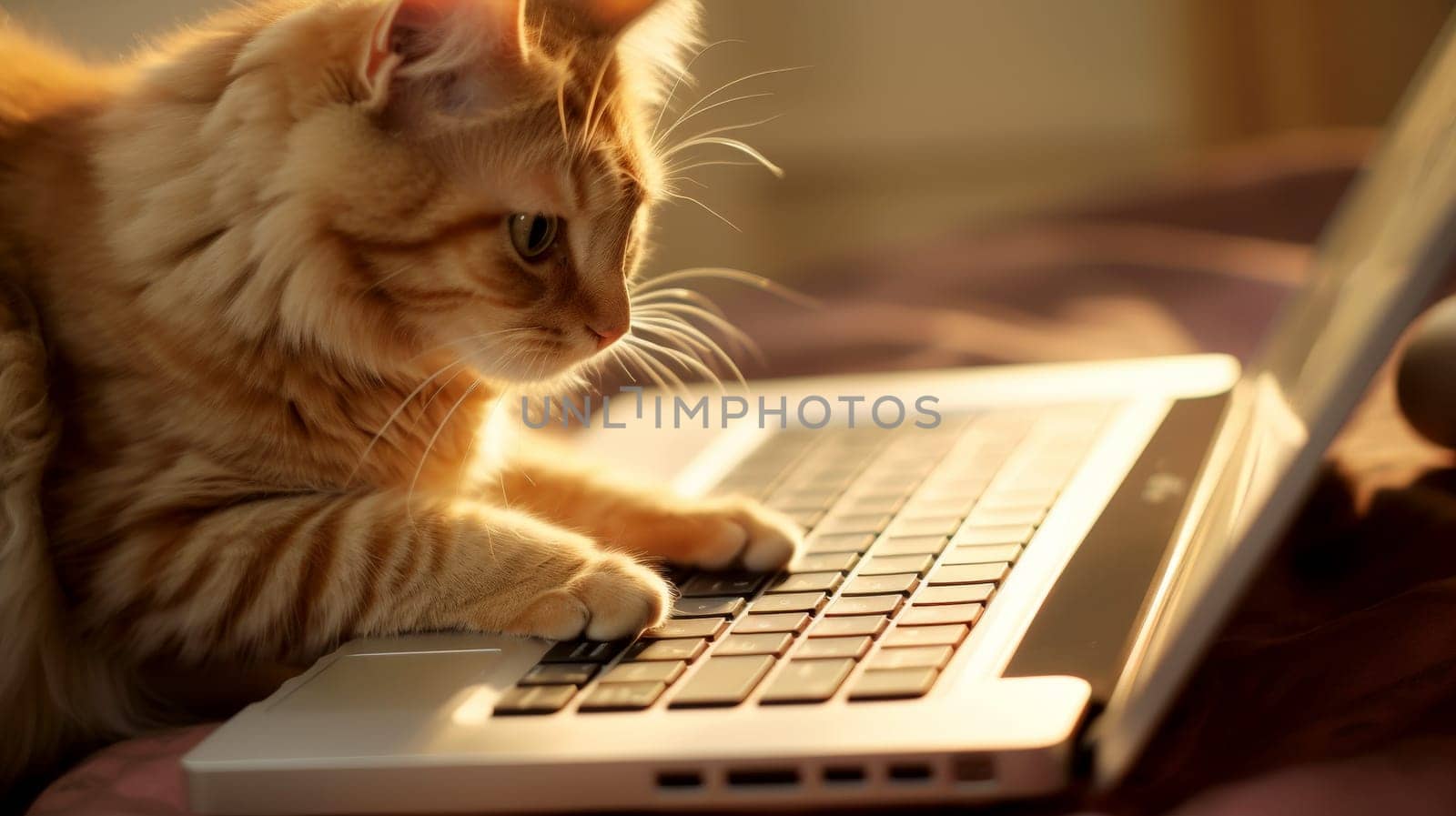 Cute cat in close up sitting with laptop. Online work and schooling. Generative AI by matamnad