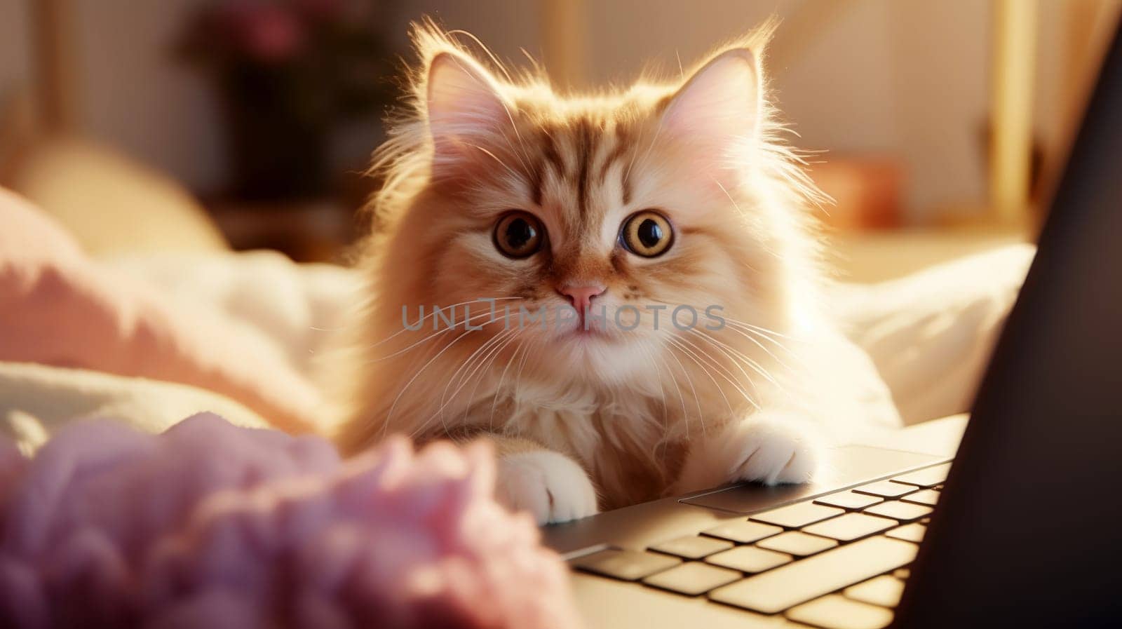 Cute cat in close up sitting with laptop. Online work and schooling. Generative AI.
