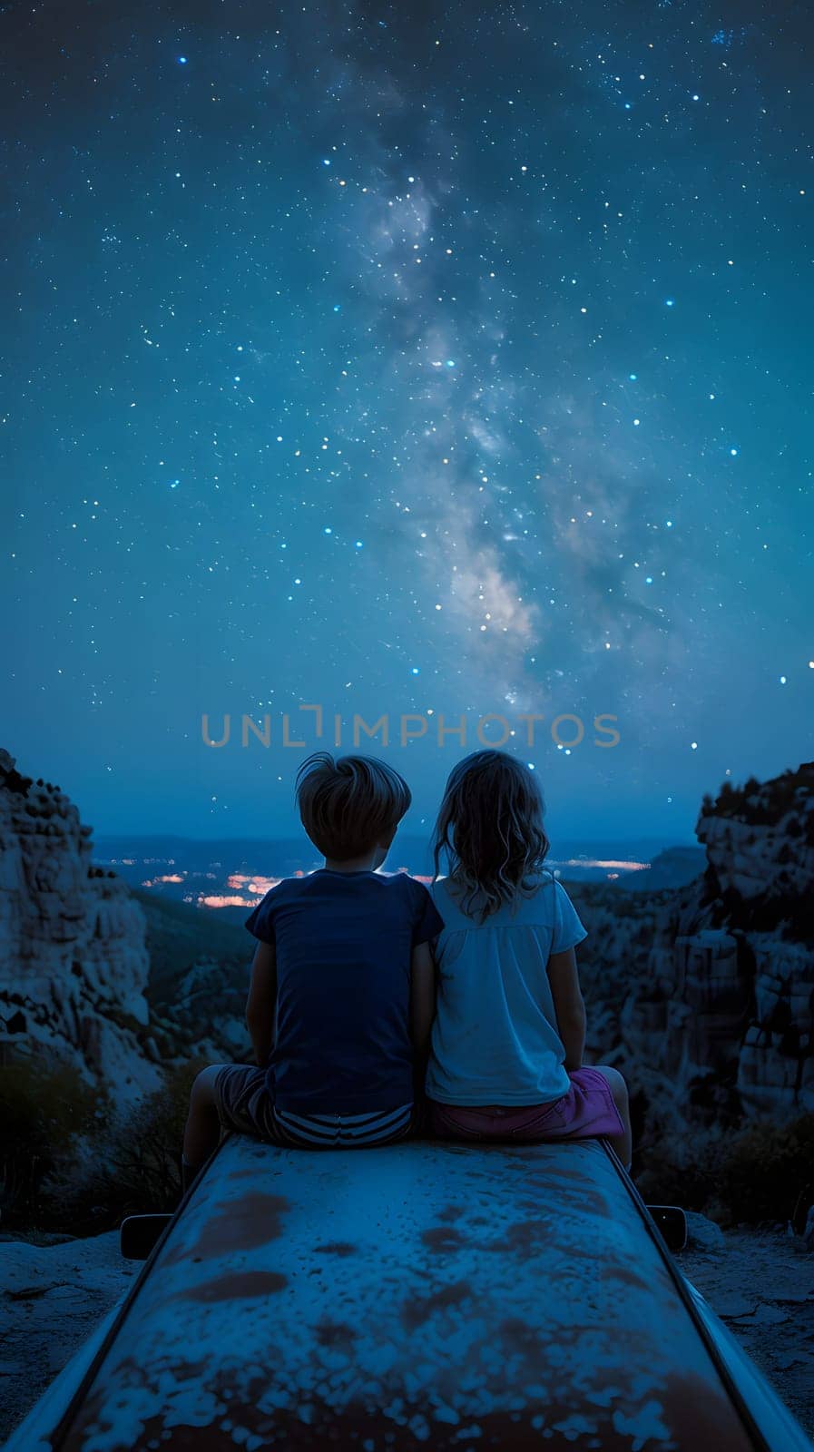 A boy and a girl sit on a bench by the water, gazing at the electric blue stars in the sky. The world feels alive with possibilities as they enjoy the fun art of stargazing together