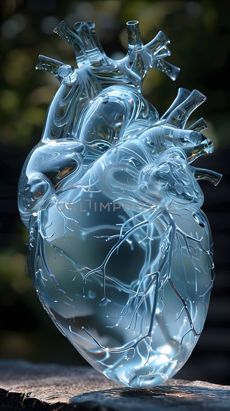a glass sculpture of a human heart is sitting on a rock by Nadtochiy