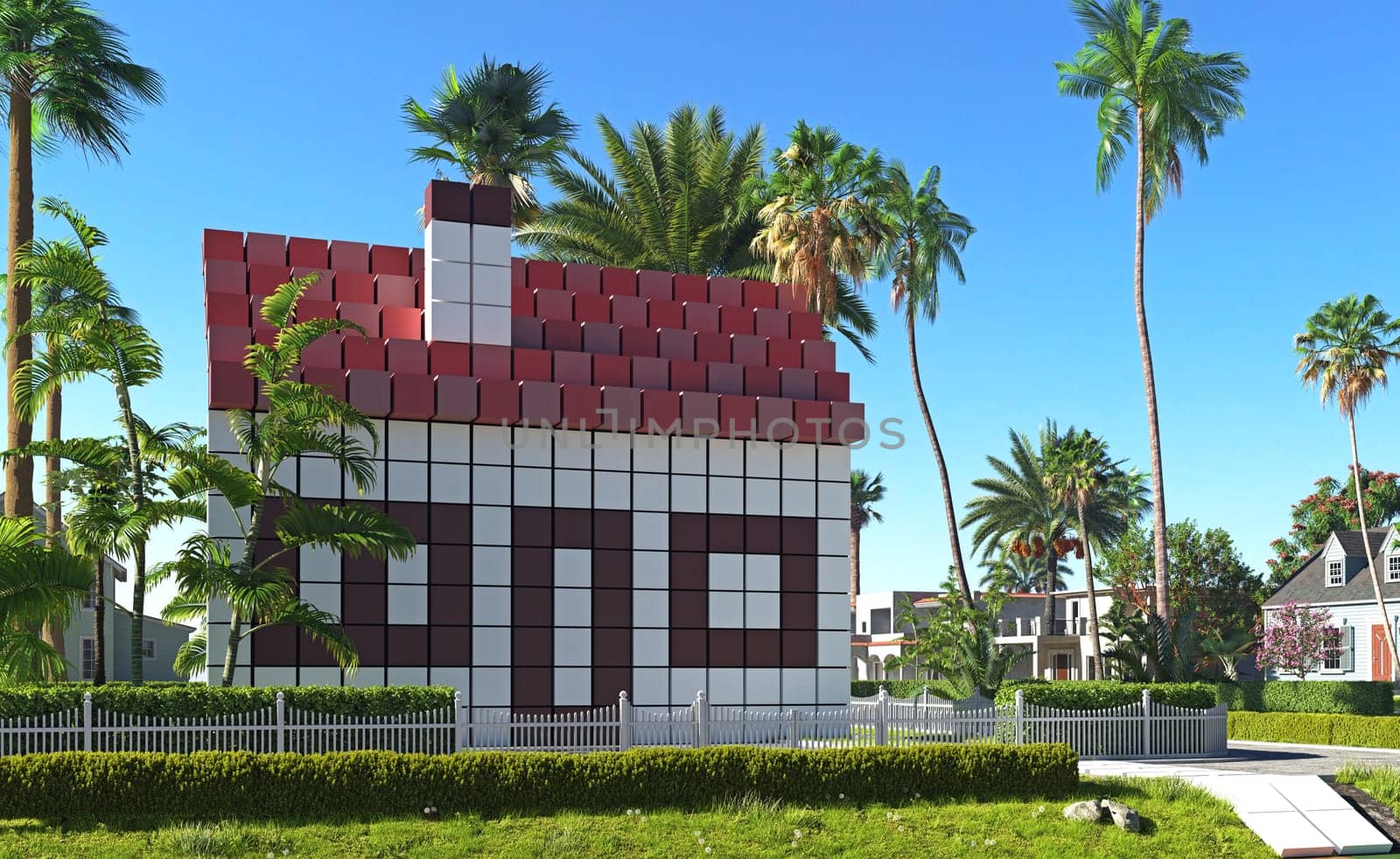 pixel art style house at the city street. 3d render concept idea. Creative illustration