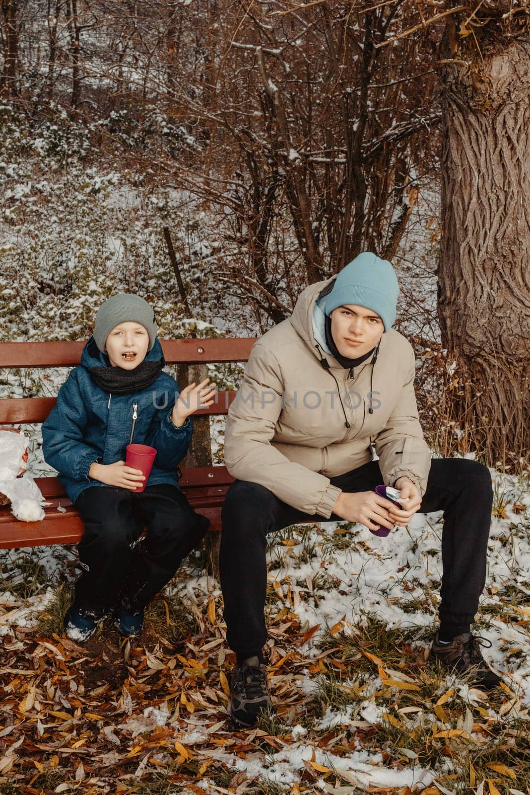 Winter Bonding: Brothers, Aged 8 and 17, Enjoying Tea on Snow-Covered Bench in Rural Park by Andrii_Ko