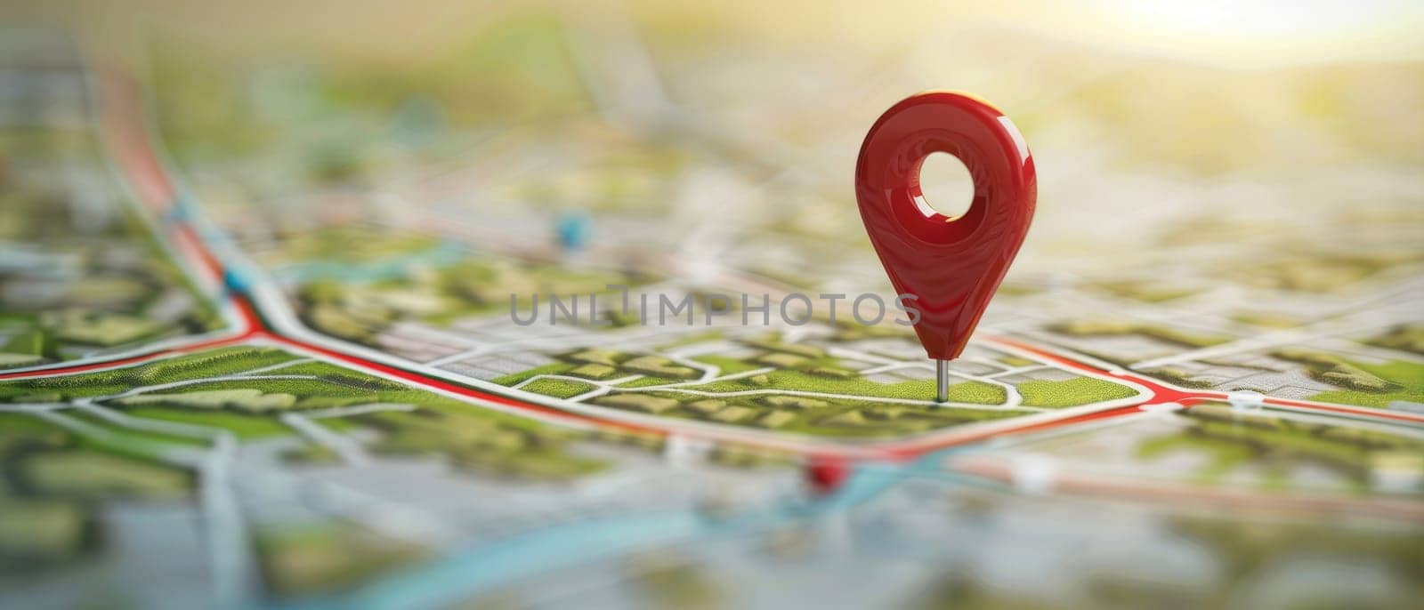Location marking with a pin on a map with routes by AI generated image.