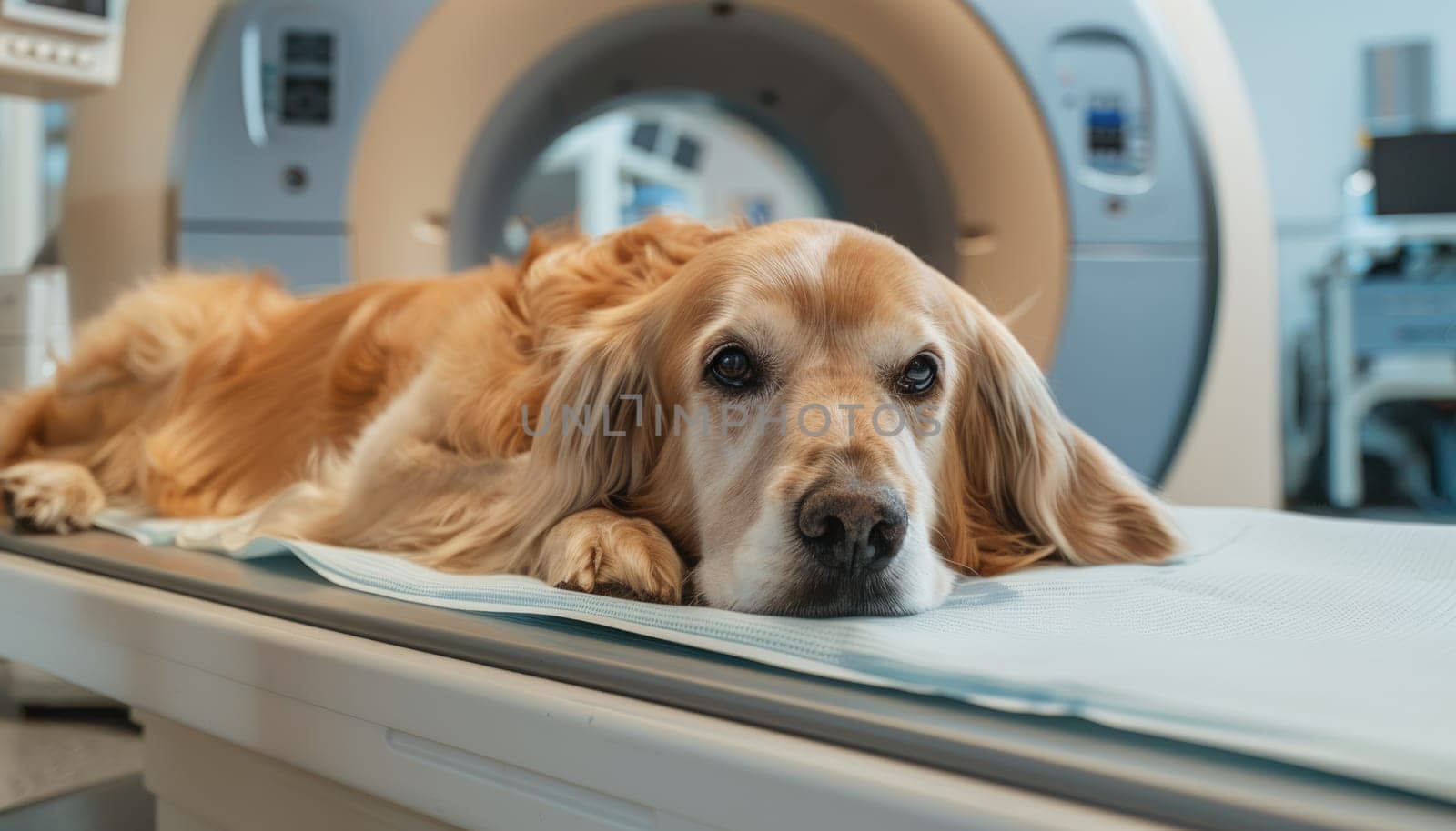 A dog awaits an MRI in a modern veterinary clinic. by AI generated image by wichayada