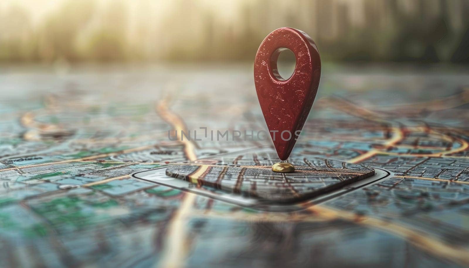 Location marking with a pin on a map with routes by AI generated image.