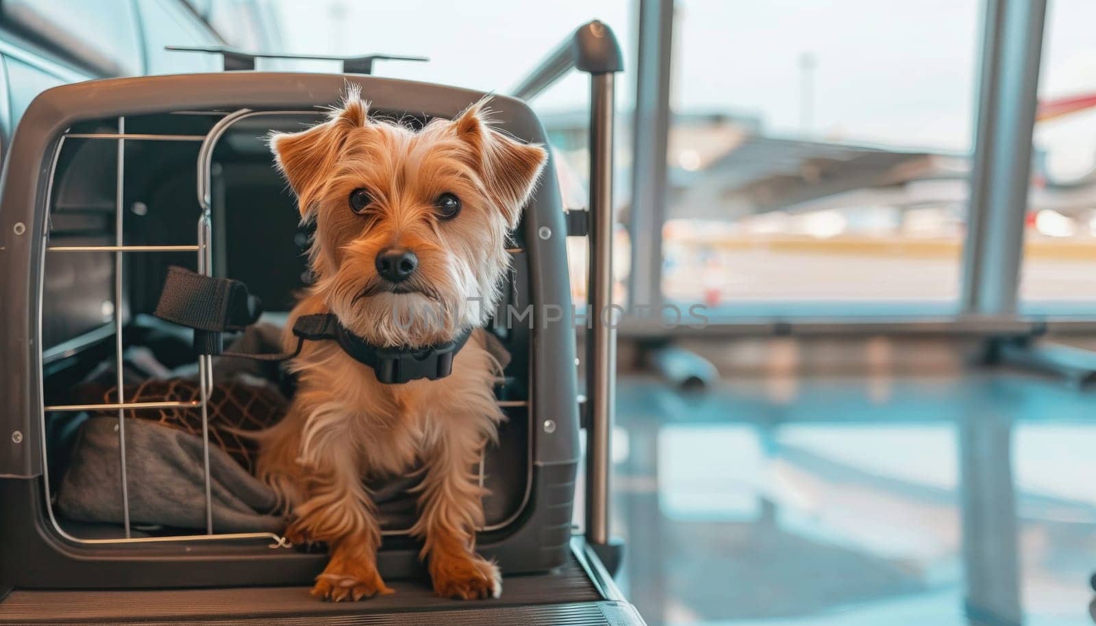 Small dog in a dog carrier at an international airport. Transporting pets on a cargo plane by AI generated image by wichayada