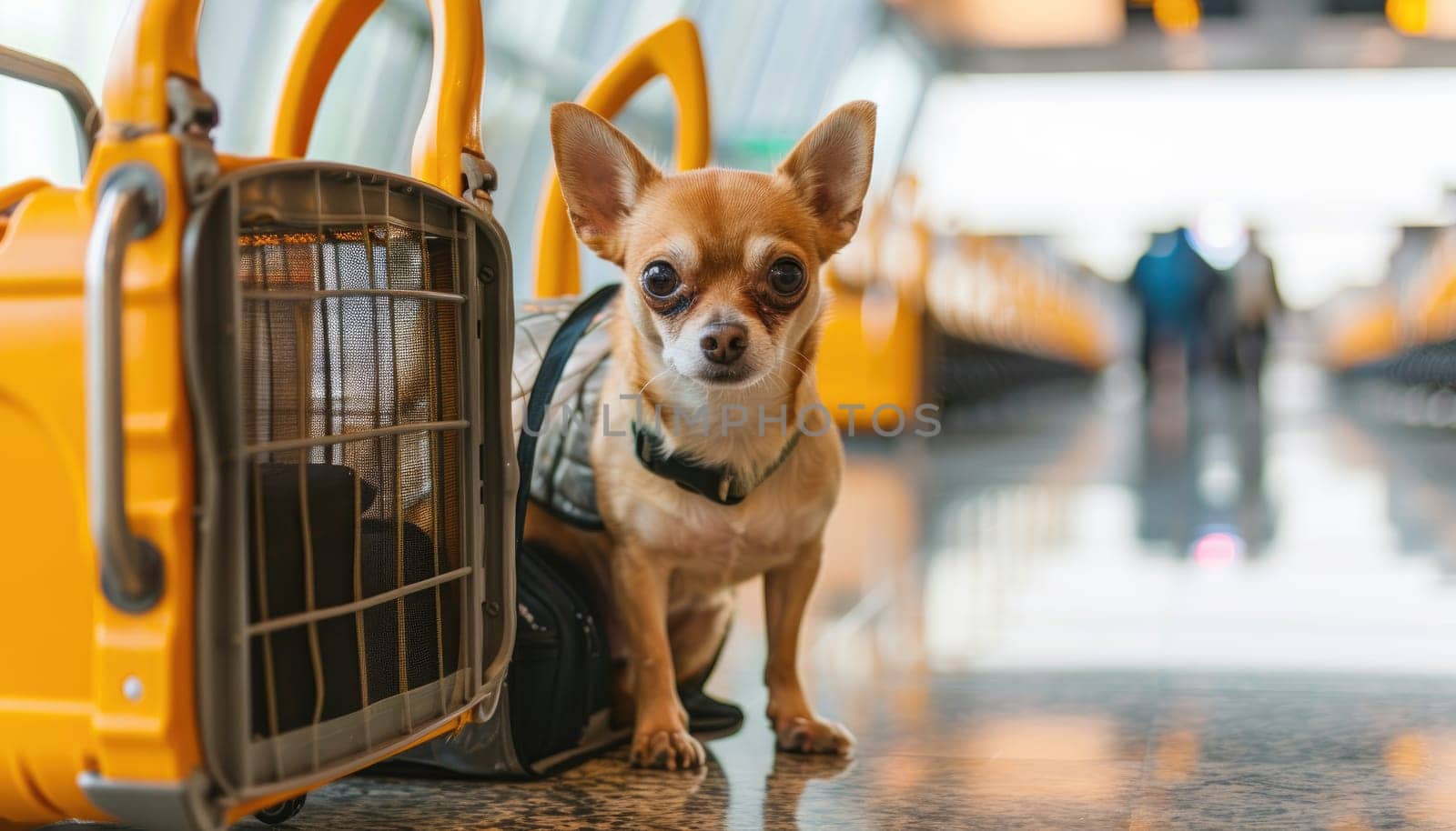 Small dog in a dog carrier at an international airport. Transporting pets on a cargo plane by AI generated image by wichayada