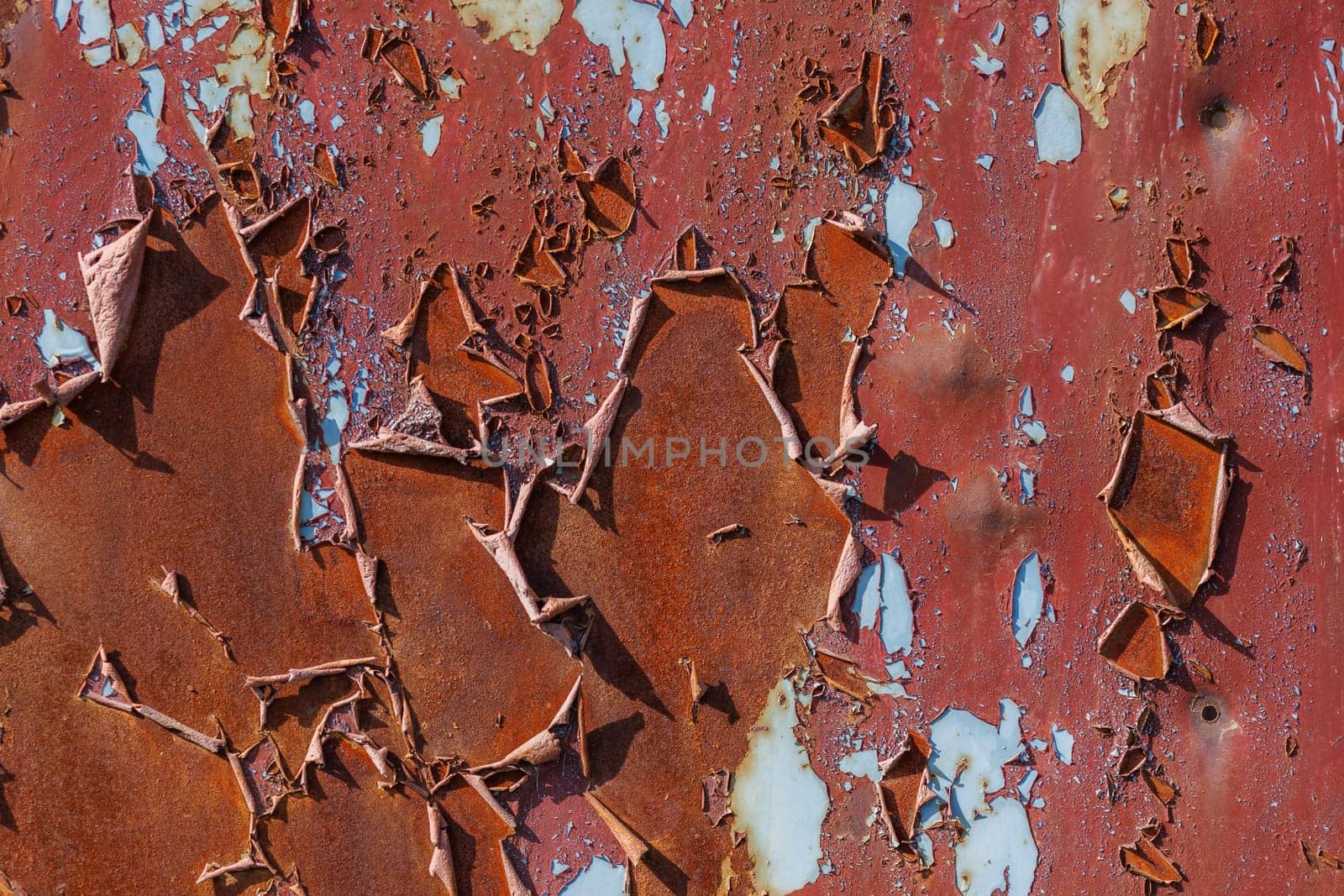 red peeling paint on sheet steel surface under direct sun light - full-frame background and texture