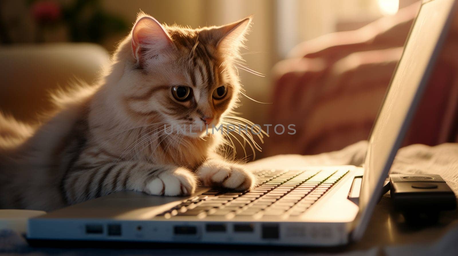 Cute cat in close up sitting with laptop. Online work and schooling. Generative AI by matamnad