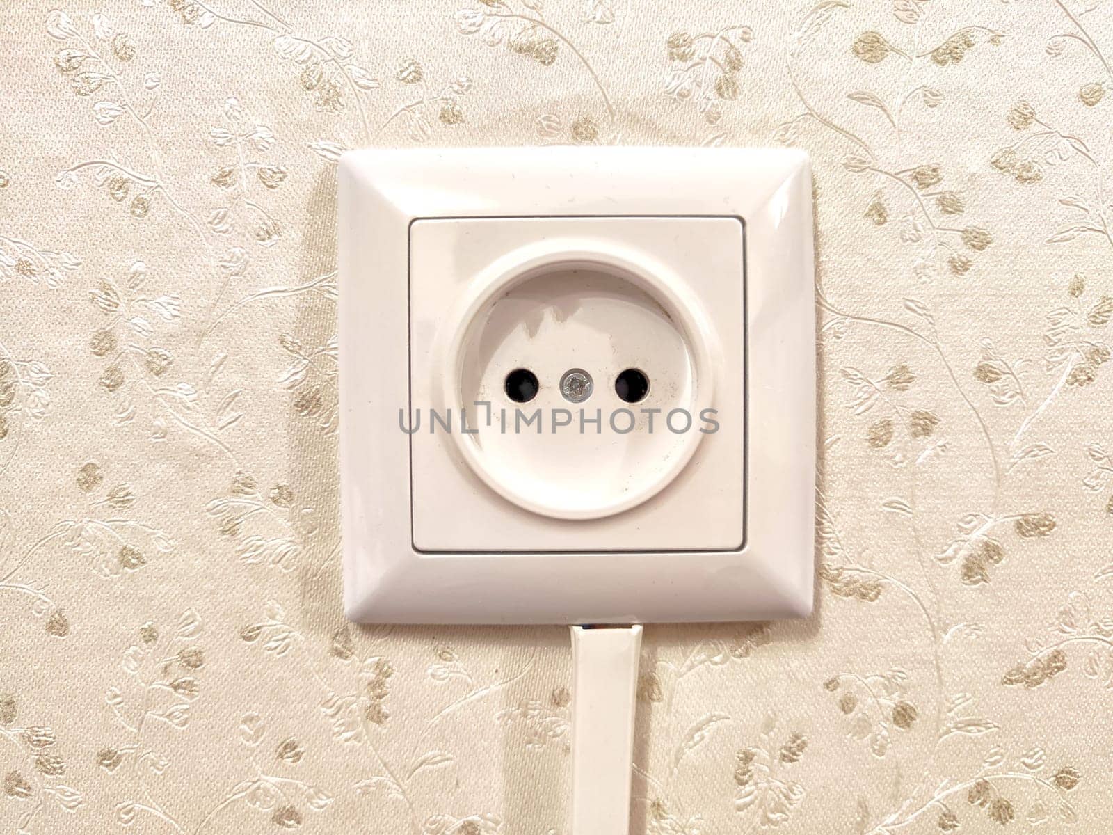 White European power outlet mounted on ornate wall. European Dual Socket on Patterned Wall