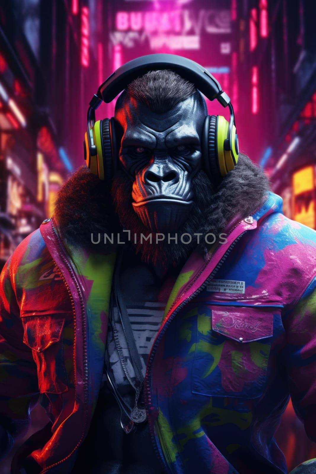 portrait of a party monkey ape with headphones on a colorful abstract background. AI generative.