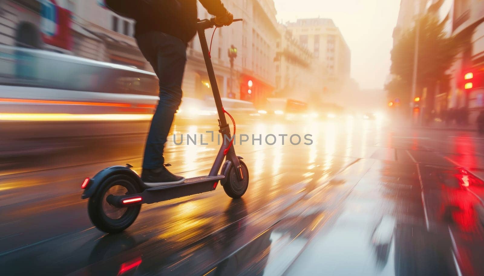 electric scooter goes fast around the city by AI generated image by wichayada