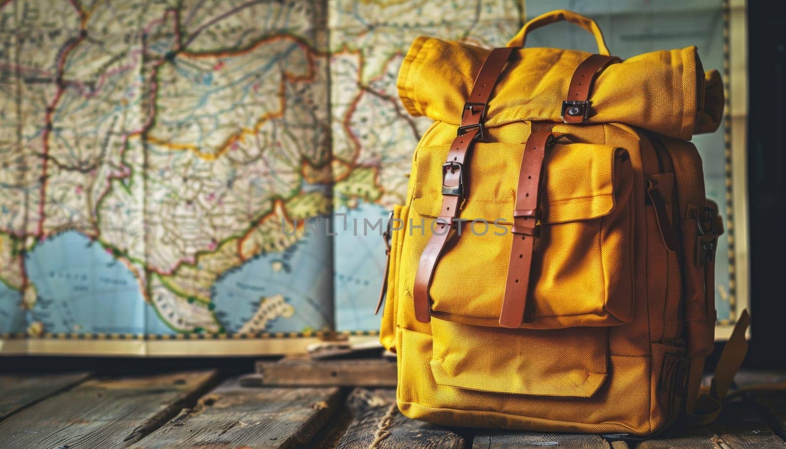 Yellow hipster backpack and map. travel concept by AI generated image by wichayada