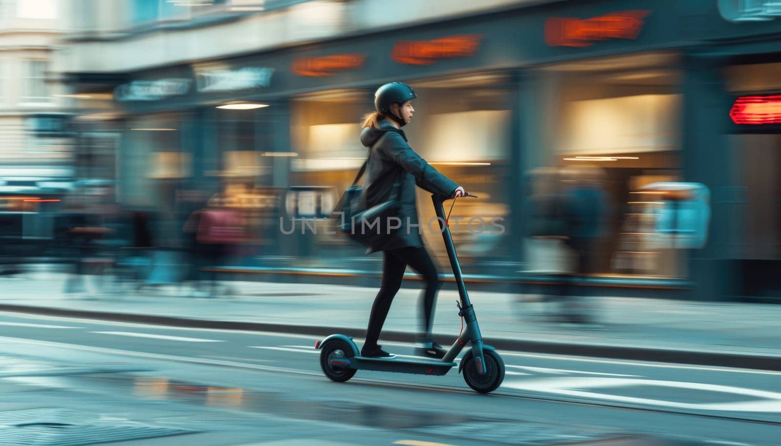 electric scooter goes fast around the city by AI generated image by wichayada