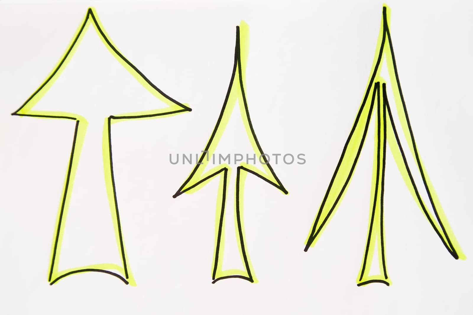 Three bright neon, green and black arrows hand-drawn on white background. Thick, medium, thin artistic arrows