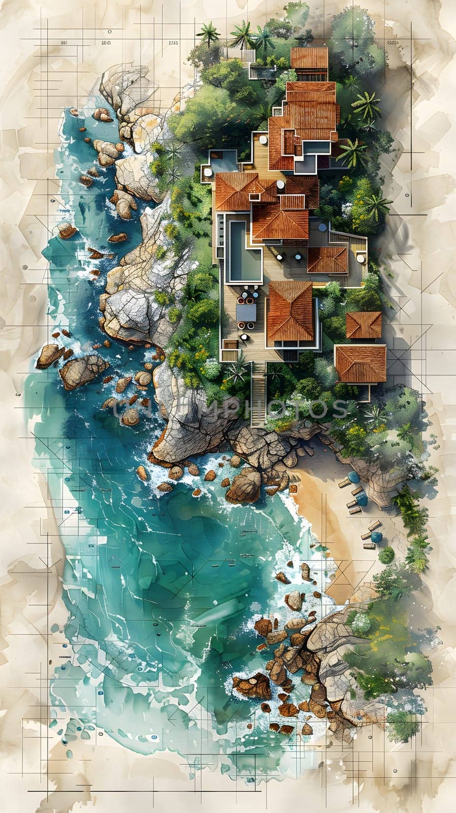 House on small island surrounded by ocean, scenic landscape by Nadtochiy