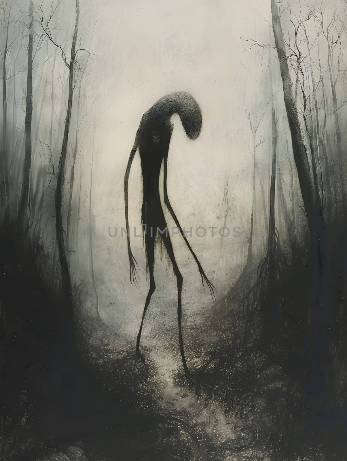 A monochromatic painting of a mysterious creature in a forest setting by Nadtochiy