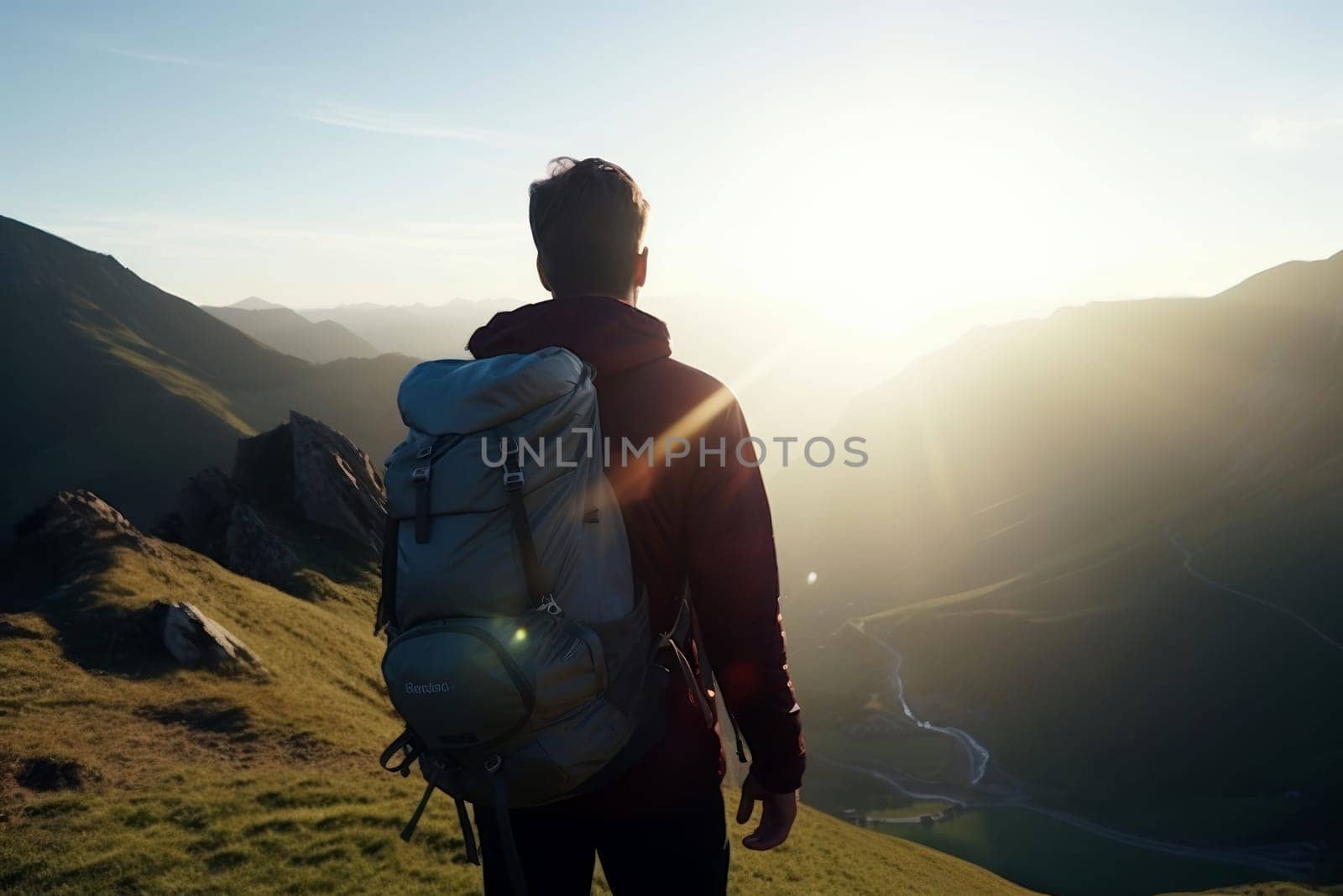 person hiking in the mountains in the morning. Generative AI.