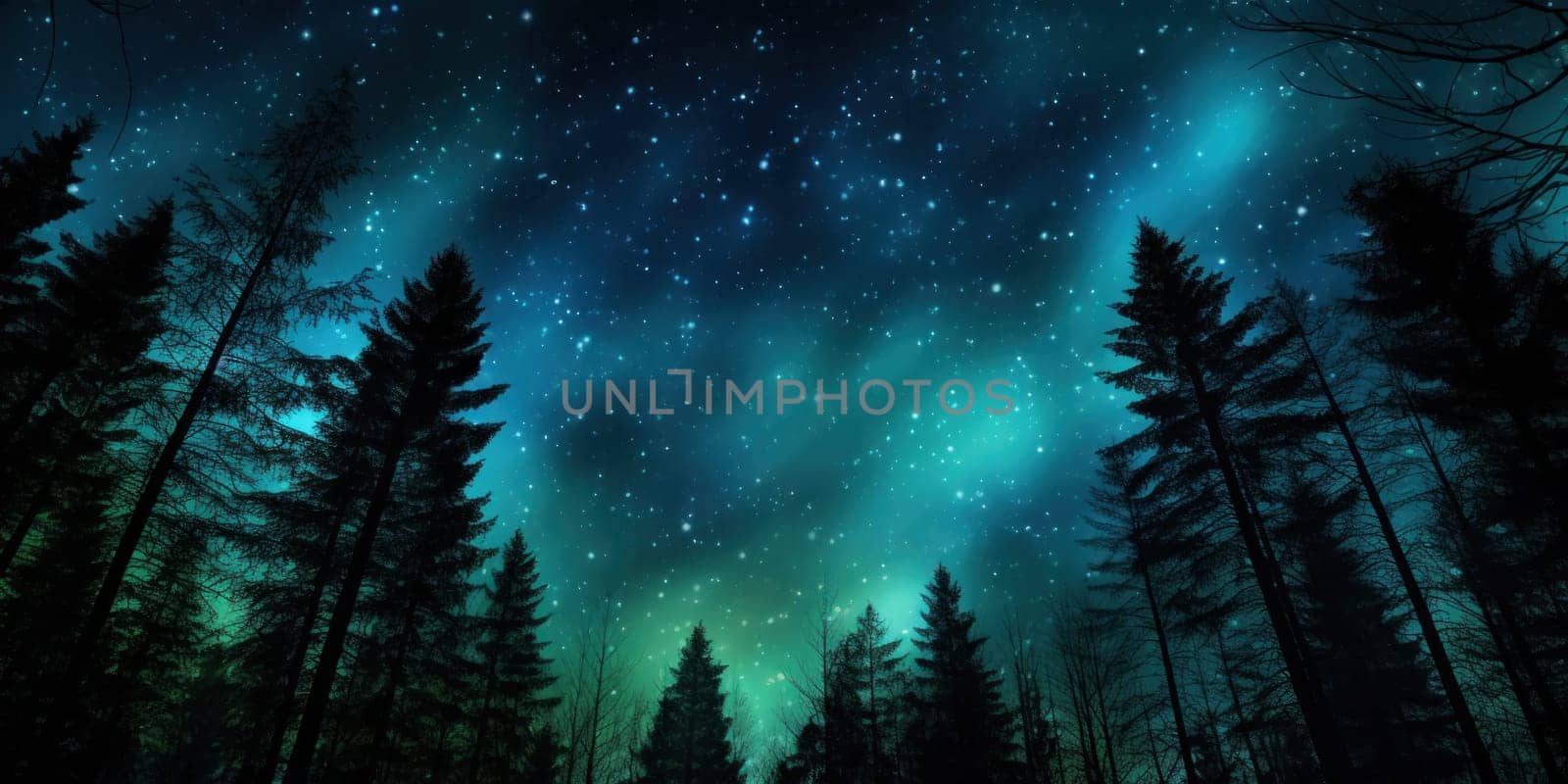 night sky in forest, view of star on night sky through tree brunches. AI Generative by matamnad