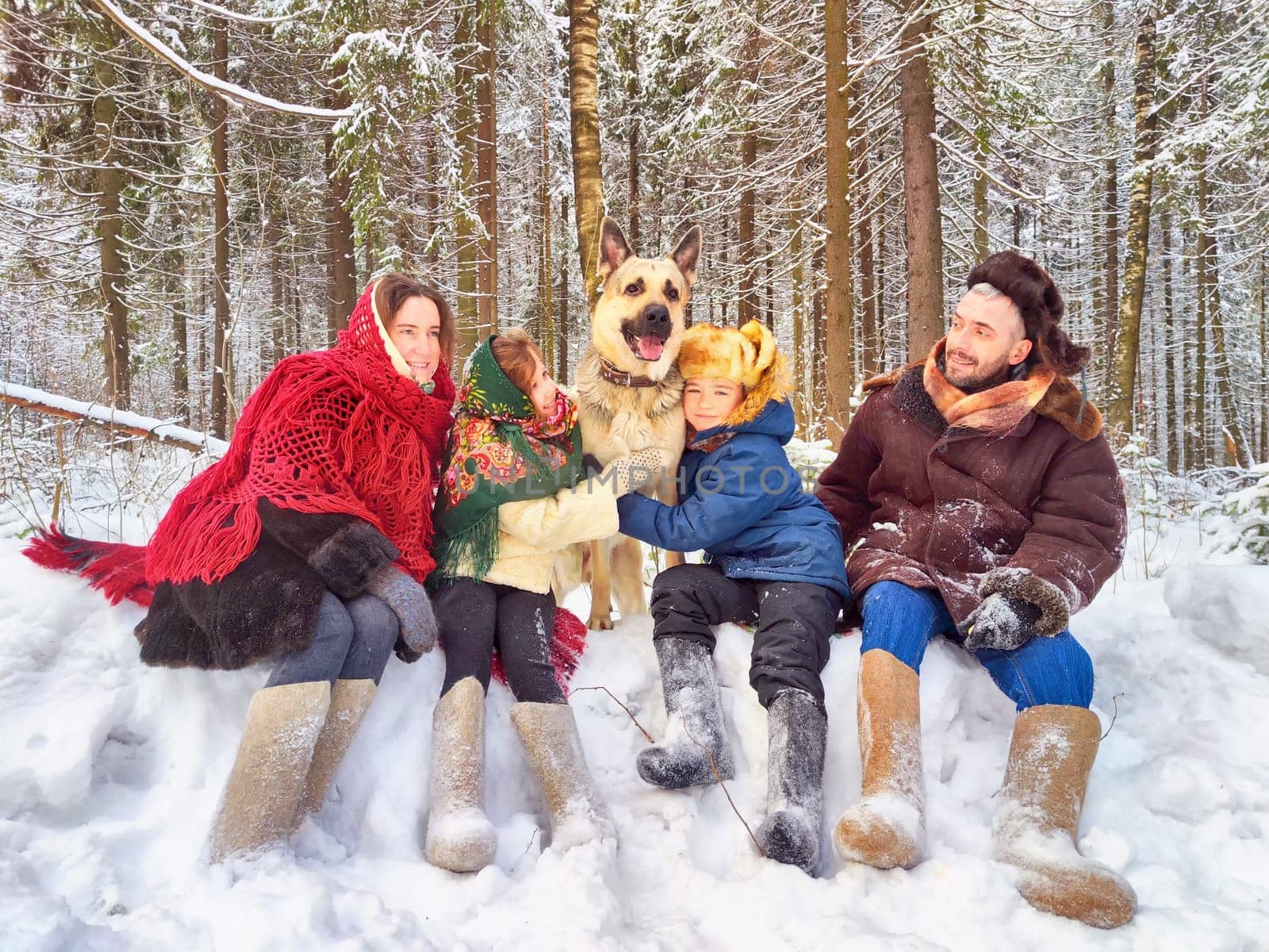 Joyful family ethnic dress with shawls and earflap hats and dog in winter forest in carnival Maslenitsa in Russia. Tourists in Shrovetide in spring. Mother, father, son, daughter having fun in snow by keleny