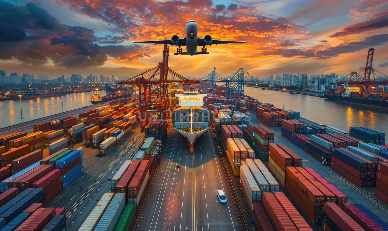 Global business, logistics and transportation, import, export, goods, container ship at international port. by AI generated image.