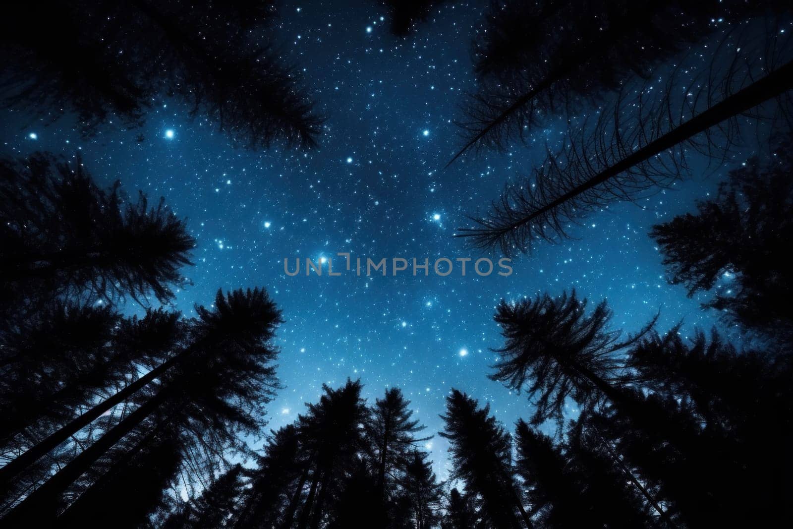 night sky in forest, view of star on night sky through tree brunches. AI Generative by matamnad