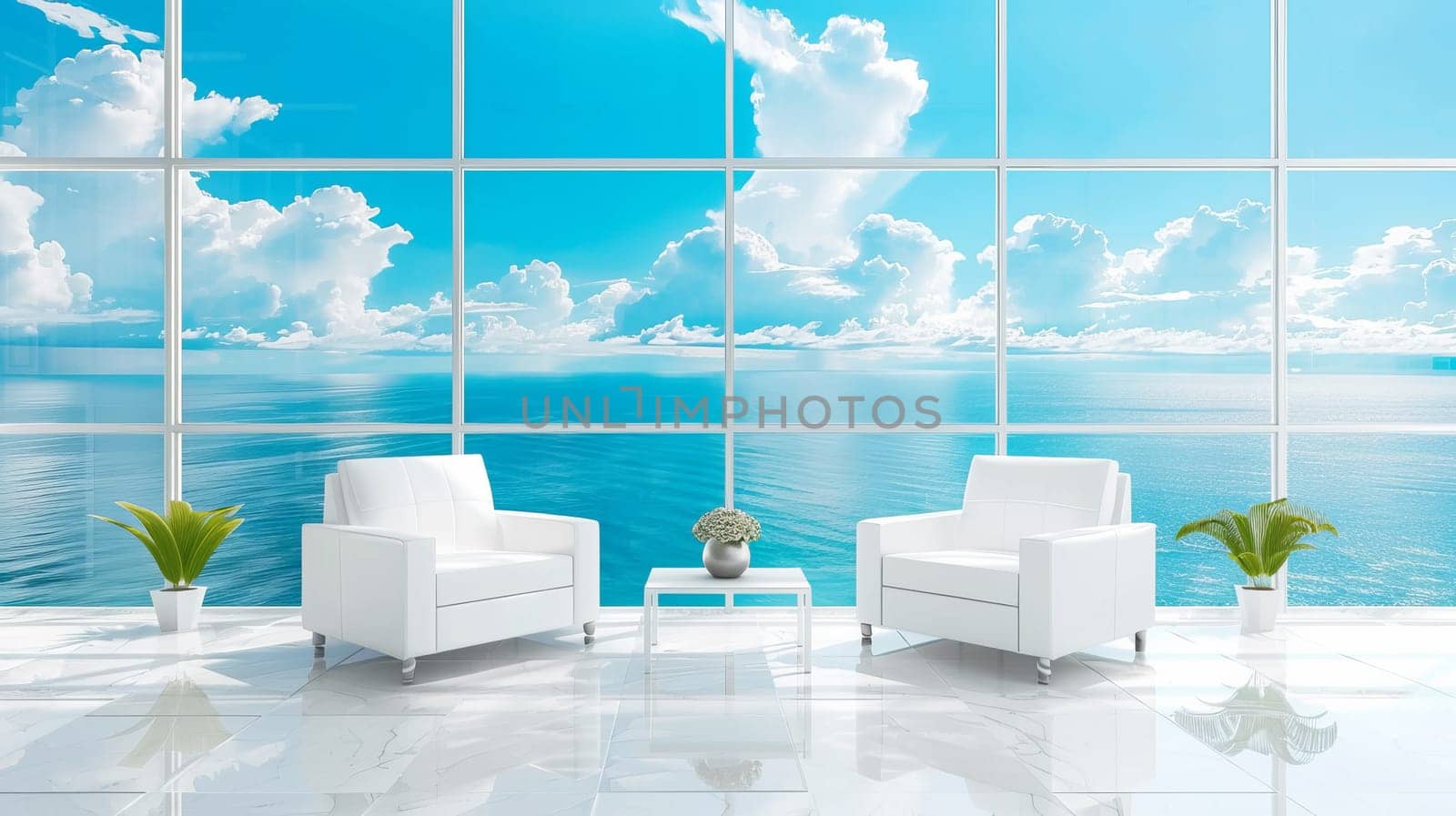 Two white armchairs by a large window overlooking the sea..