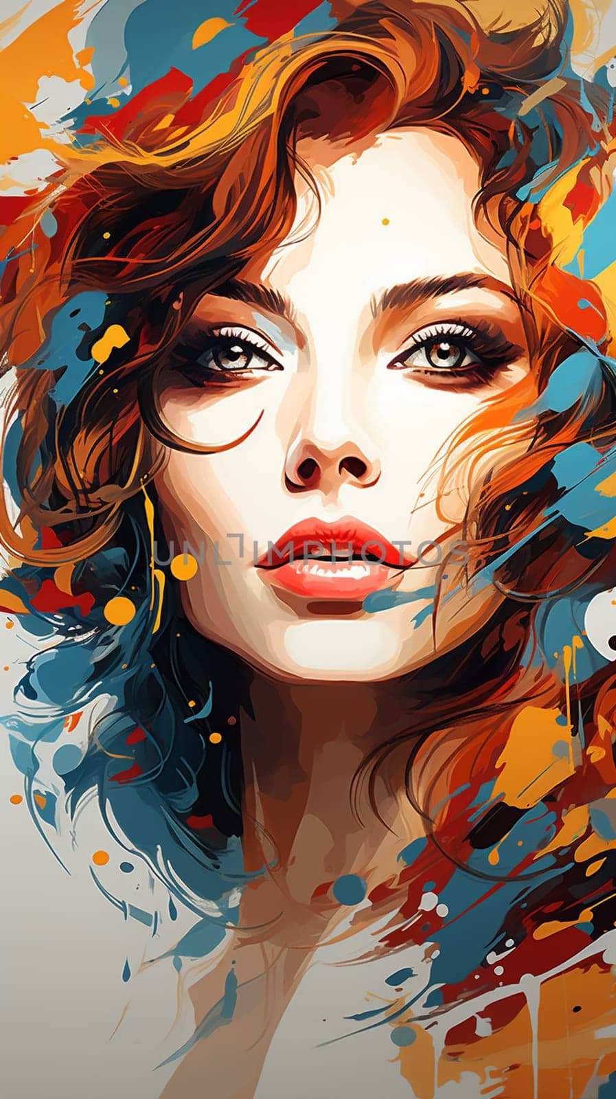 Beautiful girl face with colorful watercolor splashes. Vector illustration. Generate AI