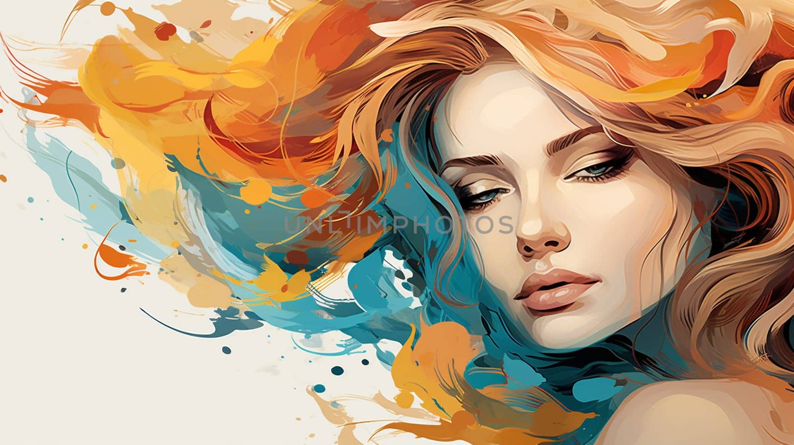 Beautiful girl face with colorful watercolor splashes. Vector illustration. Generate AI
