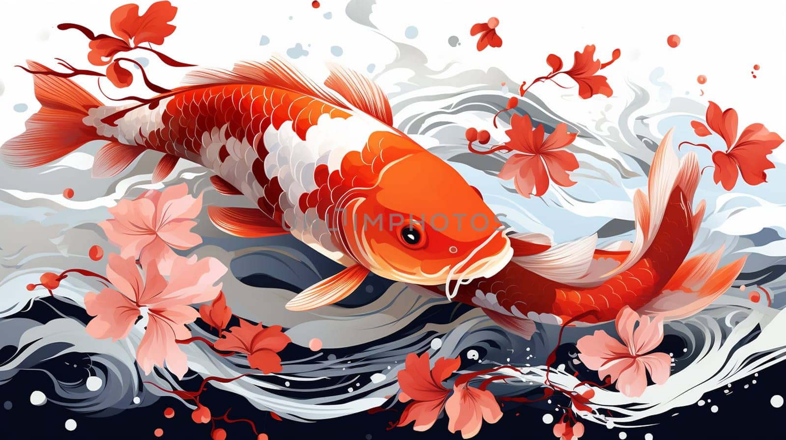 Illustration of a red koi fish on a white background with splashes , generate AI