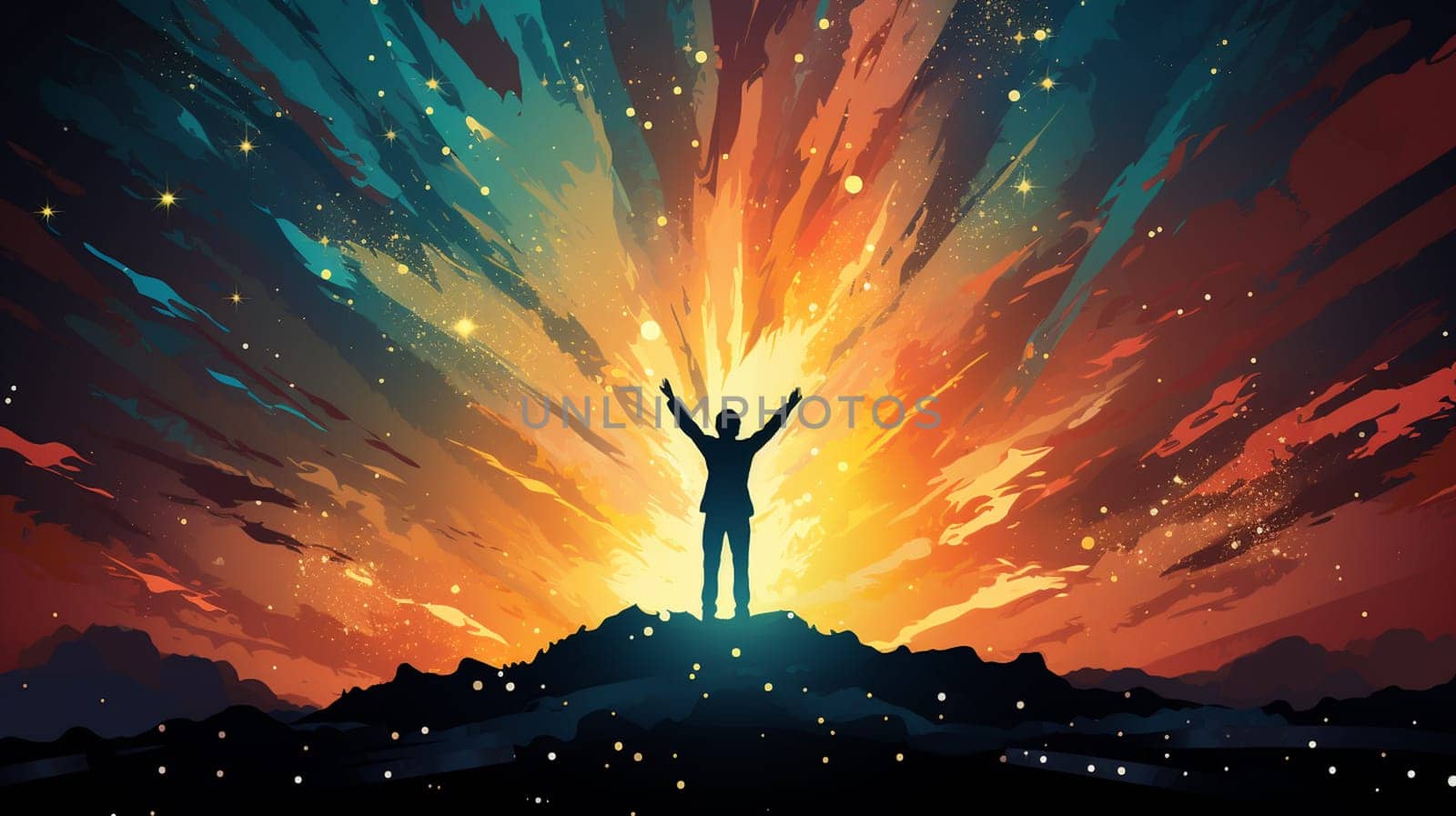 Silhouette of man standing on the top of the mountain and looking to the sky. Generate AI by Mrsongrphc