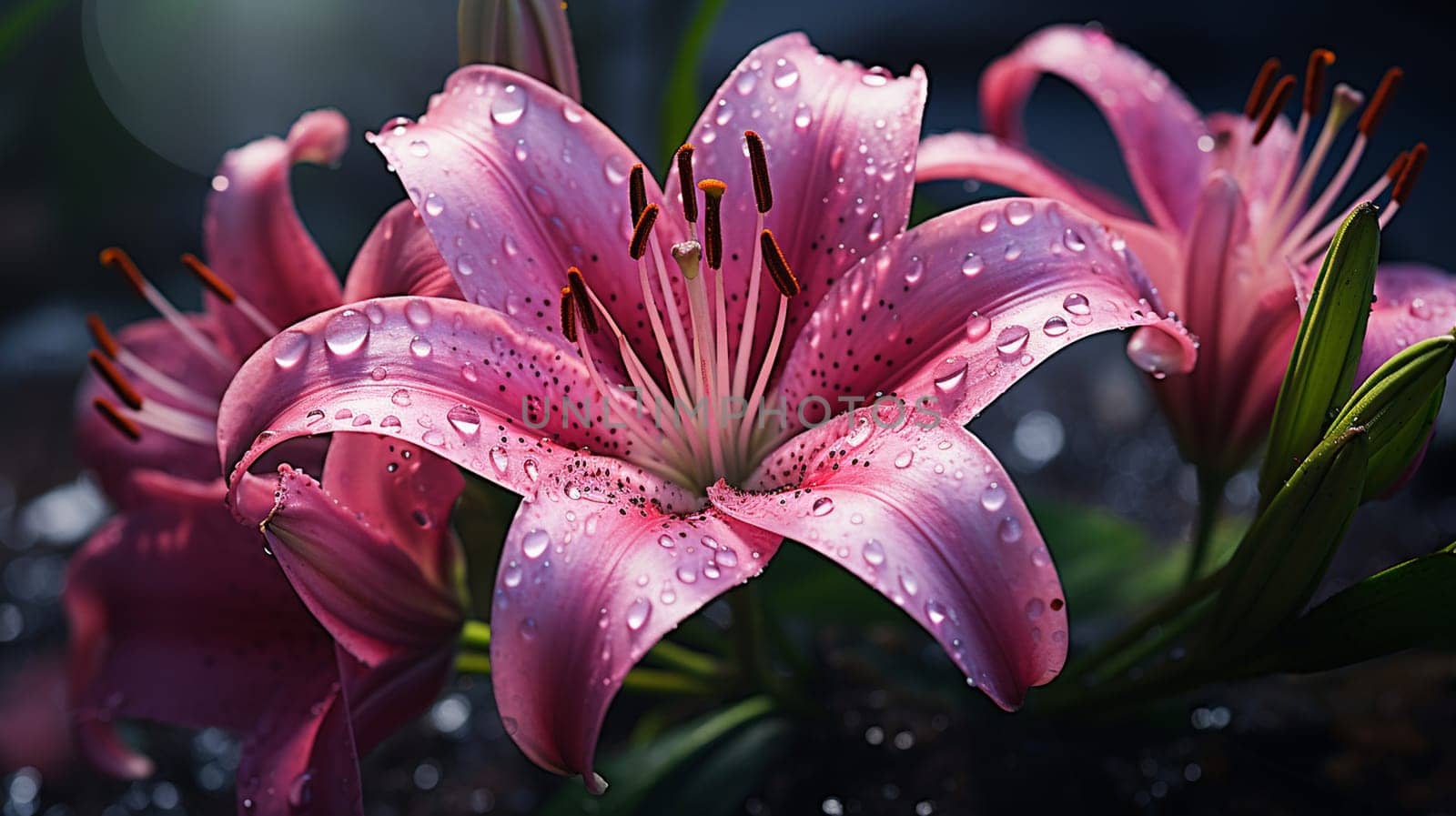 Beautiful pink lily flower with water drops on the petals, Generate AI by Mrsongrphc
