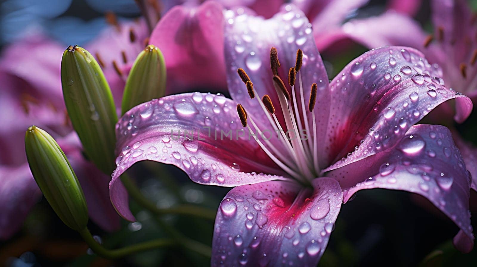 Beautiful pink lily flower with water drops on the petals, Generate AI