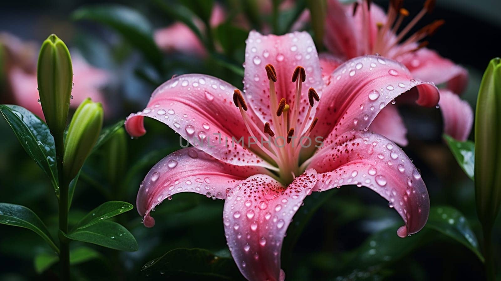 Beautiful pink lily flower with water drops on the petals, Generate AI by Mrsongrphc
