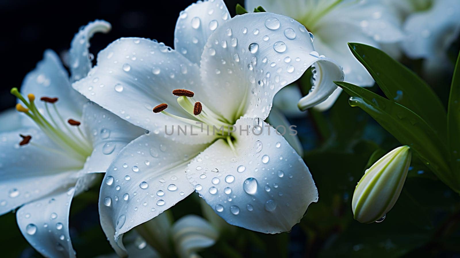 Beautiful white lily flowers with raindrops on the petals , Generate AI by Mrsongrphc