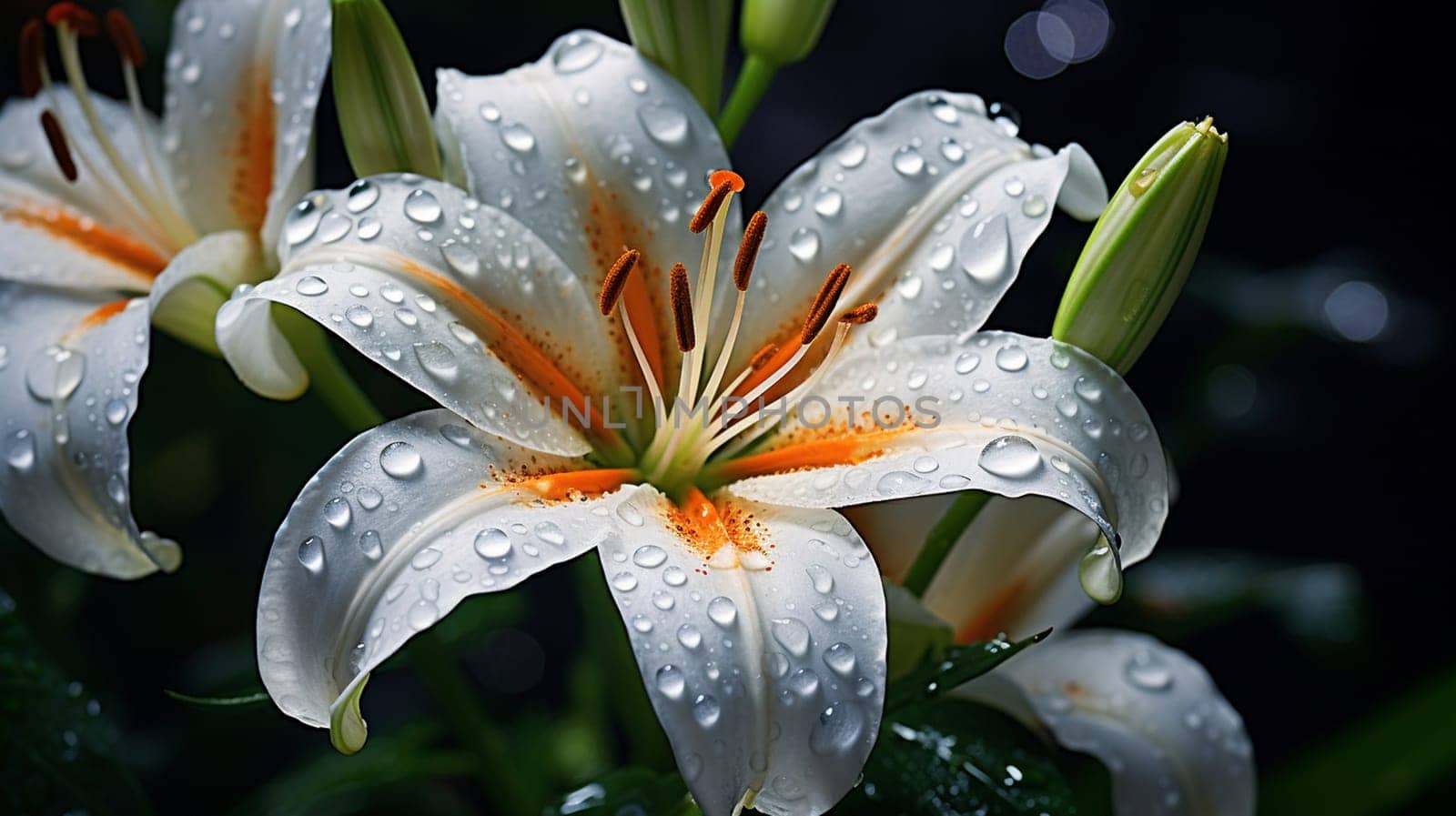 Beautiful white lily flowers with raindrops on the petals , Generate AI by Mrsongrphc