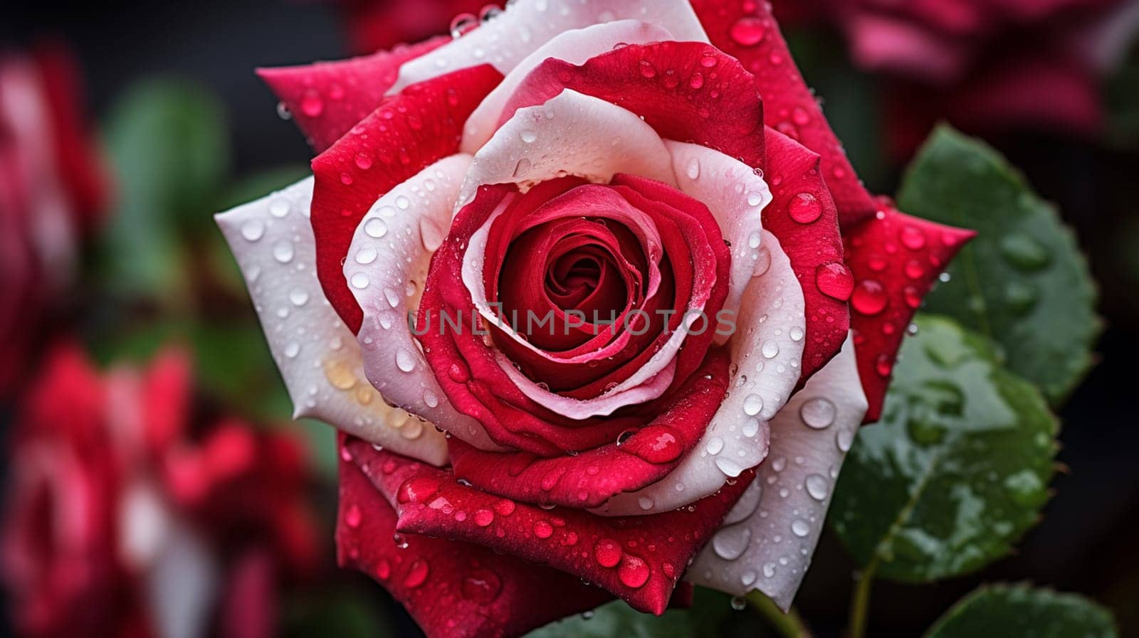 beautiful red rose with water drops on dark background, closeup, Generate AI