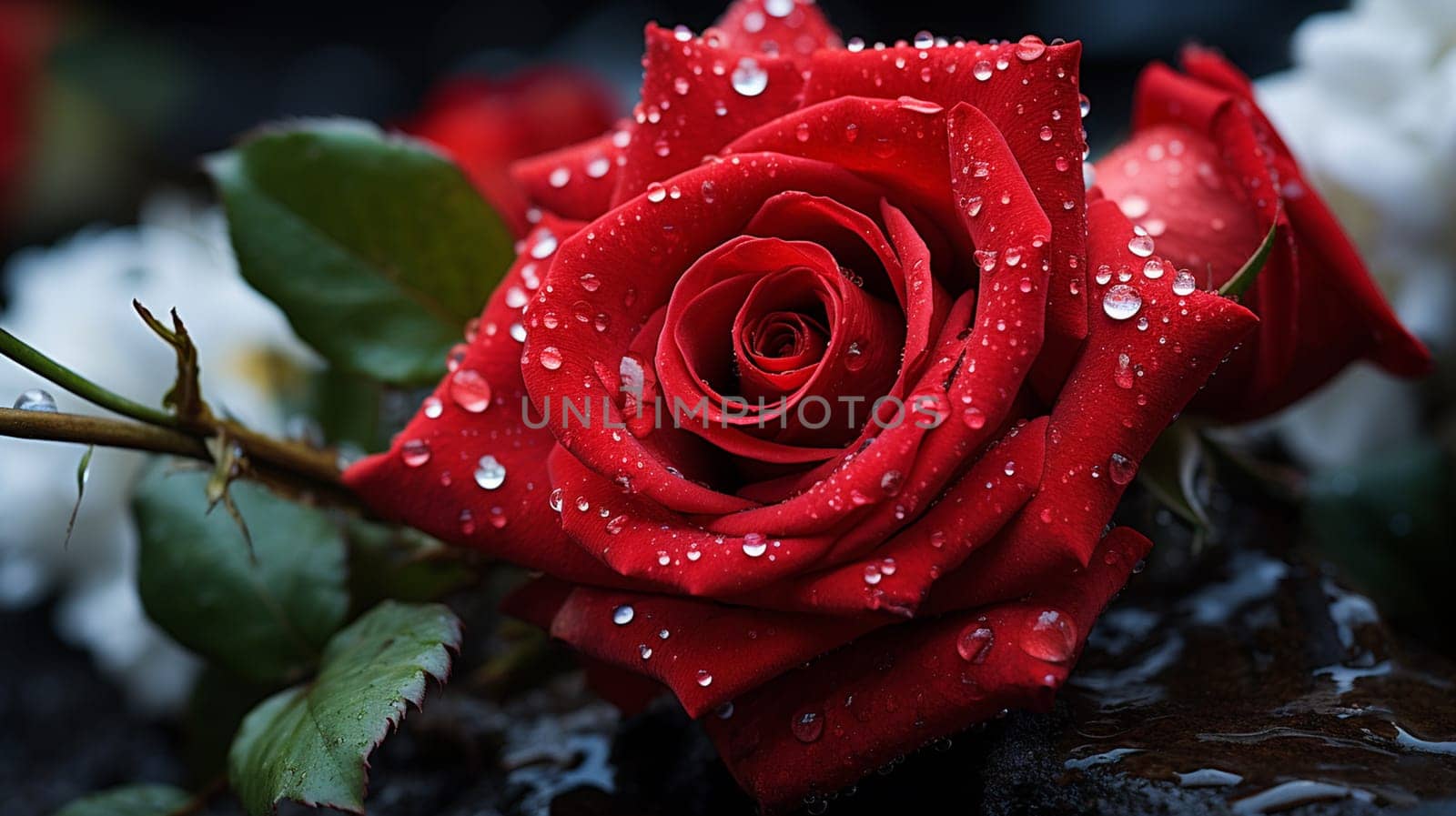beautiful red rose with water drops on dark background, closeup, Generate AI